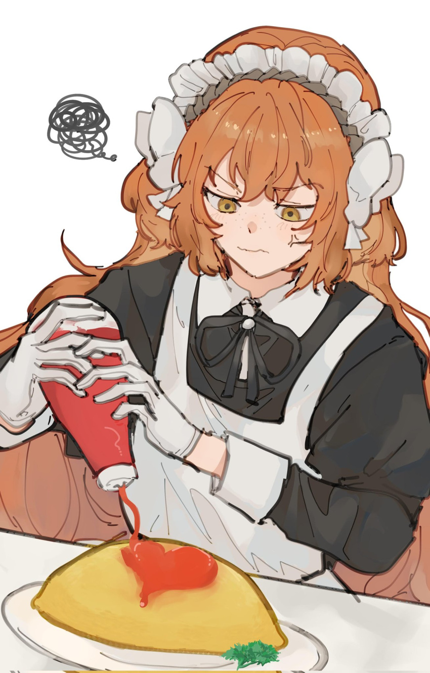 1girl apron black_dress dress food freckles frilled_apron frills garando1020 heart highres ishmael_(project_moon) ketchup ketchup_bottle limbus_company maid maid_apron maid_headdress omelet omurice orange_eyes orange_hair project_moon solo unconventional_maid waist_apron white_apron