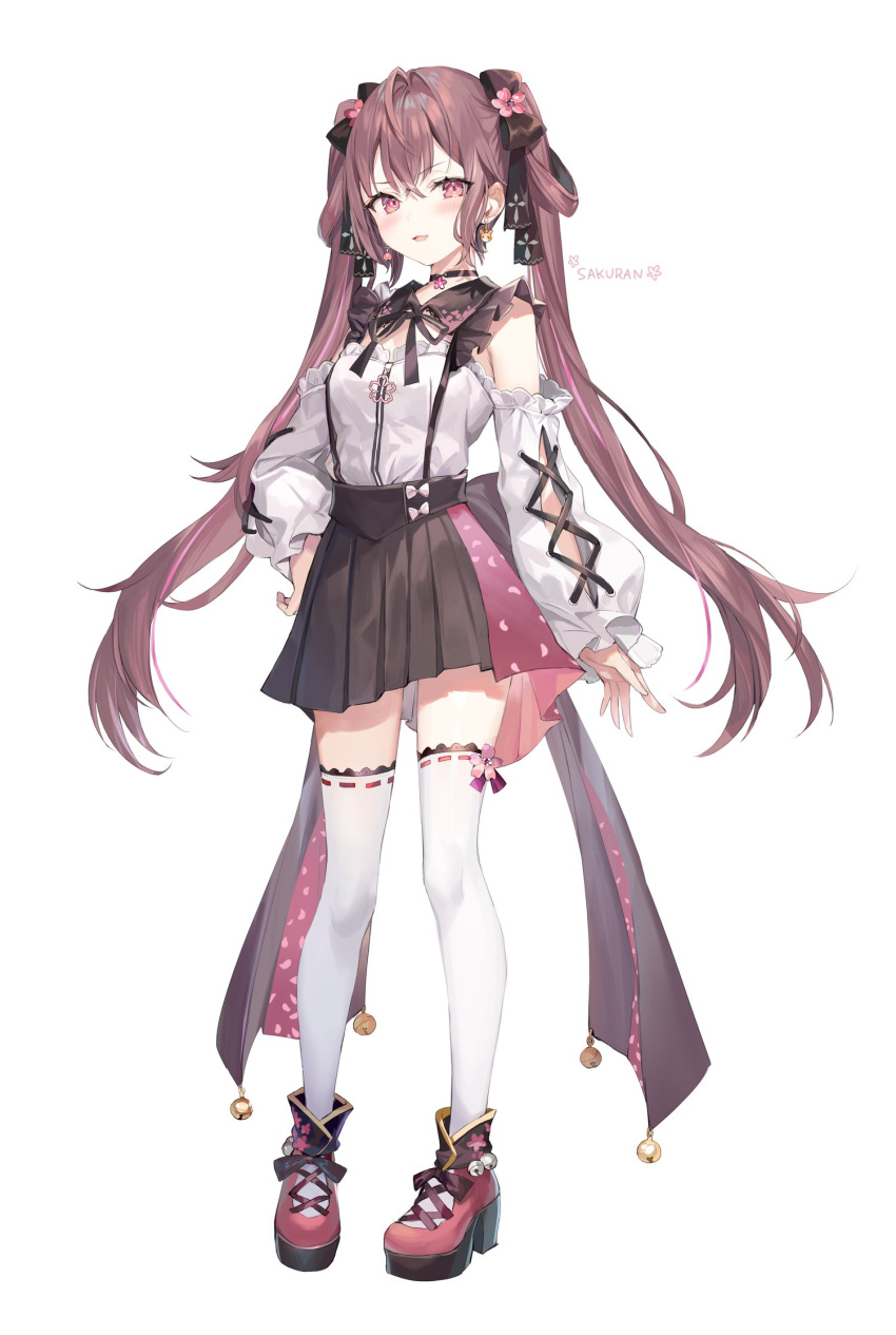 1girl black_skirt brown_hair commentary_request cross-laced_footwear crossed_bangs detached_sleeves full_body hair_between_eyes hand_on_own_hip high_heels highres indie_virtual_youtuber long_hair long_sleeves looking_at_viewer momoko_(momopoco) parted_lips pink_eyes pink_footwear pleated_skirt sakuran simple_background skirt smile solo standing suspender_skirt suspenders thighhighs twintails very_long_hair white_background white_thighhighs zettai_ryouiki