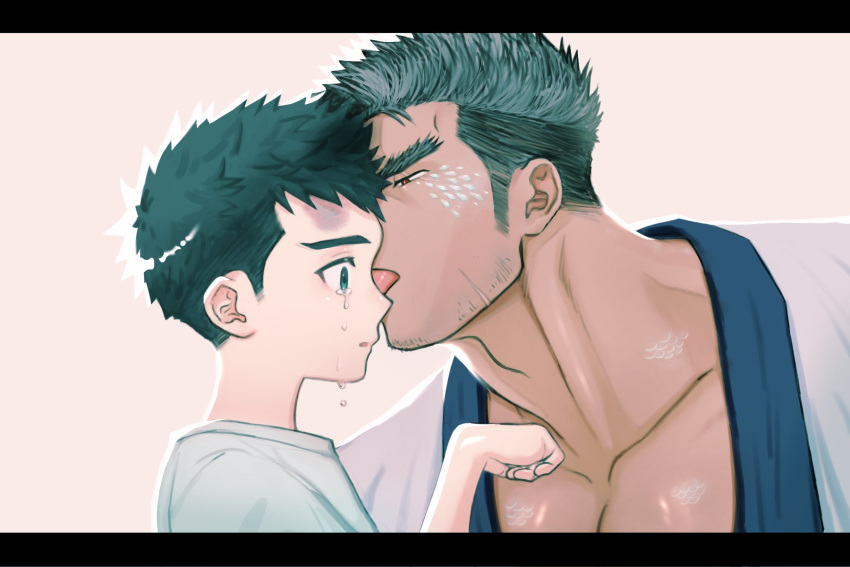 2boys bara beard_stubble black_eyes black_hair blue_scales brown_background brown_eyes crying crying_with_eyes_open dark-skinned_male dark_skin facial_hair fle0423 hand_up highres licking licking_another's_face looking_at_another male_focus multiple_boys muscular muscular_male original scales shirt short_hair simple_background slit_pupils stubble t-shirt tears thick_eyebrows tongue tongue_out undercut upper_body very_short_hair