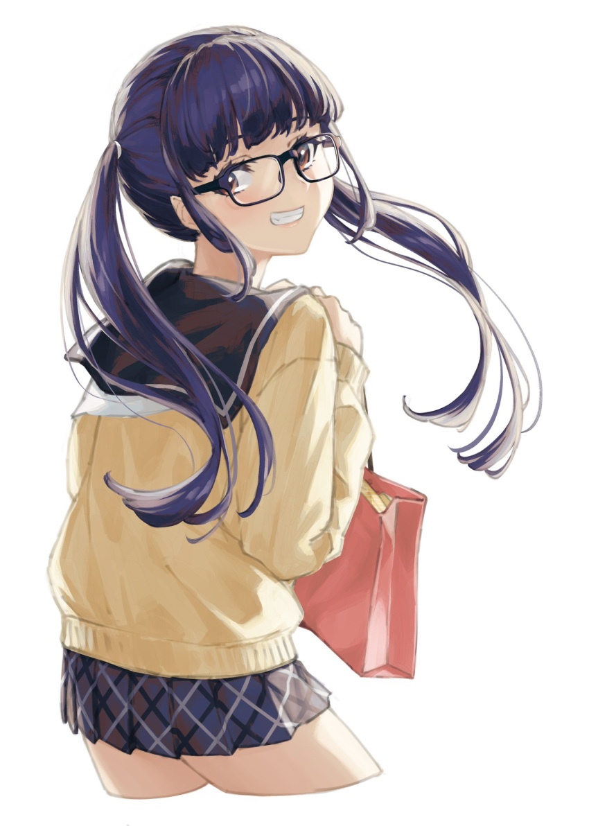 1girl :d bag banana_oekaki black-framed_eyewear blush brown_eyes cowboy_shot cropped_legs glasses grin highres holding holding_bag long_hair long_sleeves looking_back motosu_school_uniform oogaki_chiaki open_mouth pleated_skirt purple_hair school_uniform skirt smile solo twintails yurucamp