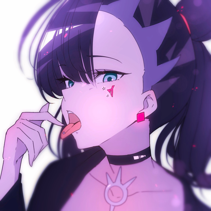 1girl black_choker black_hair black_shirt blue_eyes choker collarbone highres marie_(pixiv59672544) marnie_(pokemon) piercing pokemon shirt simple_background solo sticker_on_face tongue tongue_out tongue_piercing upper_body white_background