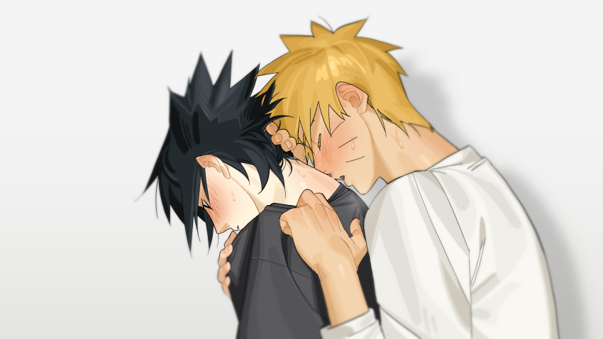 2boys black_hair black_shirt blonde_hair blurry blush closed_eyes commentary_request depth_of_field ear_blush from_side guinea_no_akuma hand_on_another's_back hand_on_another's_nape hand_on_own_shoulder head_down highres korean_commentary leaning_forward looking_down male_focus multiple_boys naruto naruto_(series) parted_lips shirt short_hair simple_background sweat uchiha_sasuke uzumaki_naruto white_background white_shirt yaoi