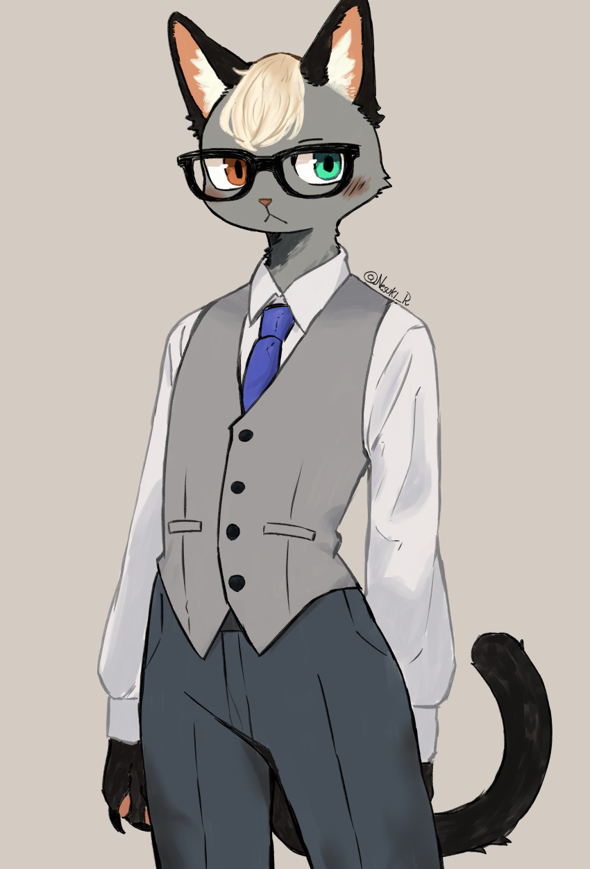 :&lt; absurd_res animal_crossing anthro blonde_hair clothed clothing domestic_cat eyewear felid feline felis fur glasses grey_body grey_fur hair hi_res male mammal necktie nesuki-r nintendo raymond_(animal_crossing) signature simple_background solo standing