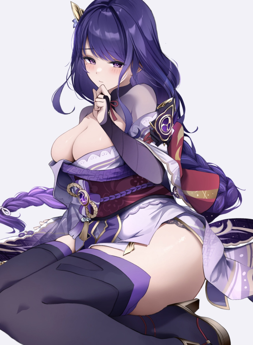 1girl blunt_bangs blush braid breasts center_opening cleavage closed_mouth genshin_impact hair_ornament hair_ribbon hand_on_own_chin highres japanese_clothes long_hair looking_at_viewer lying mitsudomoe_(shape) mole mole_under_eye on_side purple_background purple_eyes purple_hair raiden_shogun ribbon simple_background single_braid solo thick_thighs thighs tol10131 tomoe_(symbol)