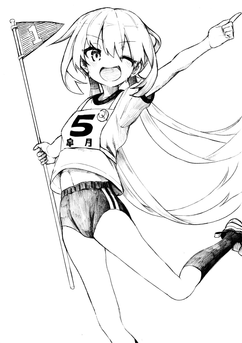 1girl absurdres alternate_costume buruma character_name feet_out_of_frame flag gym_shirt gym_uniform highres kantai_collection lineart low_twintails monochrome one_eye_closed pointing pointing_up race_bib satsuki_(kancolle) shirt short_hair smile solo t-shirt tsuji_kazuho twintails