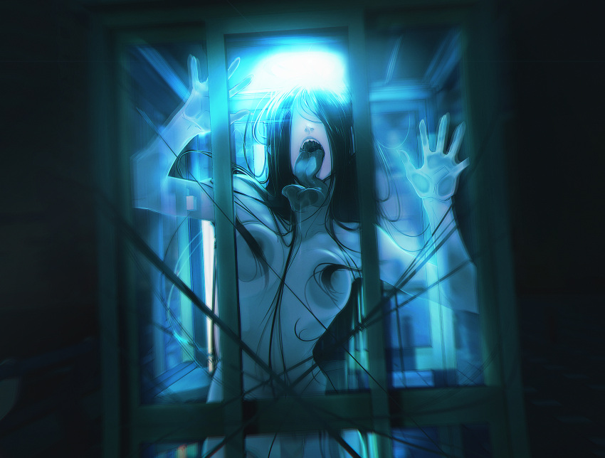 1girl against_glass black_hair breast_press breasts_on_glass completely_nude covered_eyes ghost ghost_girl hair_censor hair_over_eyes hand_on_glass highres long_hair long_tongue night no_eyes non-web_source nude obj_shep open_mouth original pale_skin phone_booth saliva sharp_teeth solo straight_hair teeth tongue tongue_out very_long_hair