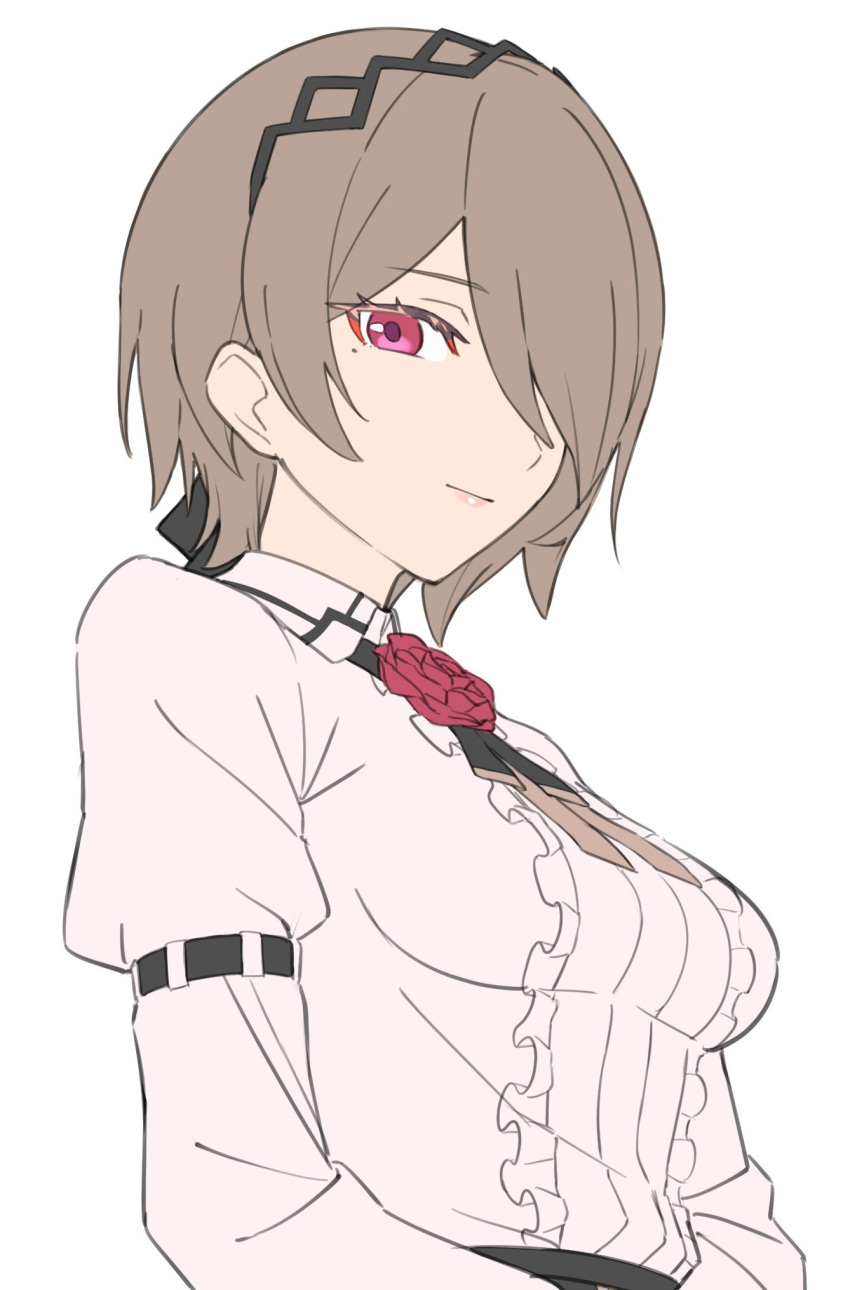 1girl breasts brown_hair center_frills closed_mouth collared_shirt commentary_request flower frills hair_over_one_eye highres honkai_(series) honkai_impact_3rd juliet_sleeves karame_rise light_brown_hair long_sleeves looking_at_viewer medium_breasts puffy_sleeves red_eyes red_flower red_rose rita_rossweisse rose shirt simple_background solo upper_body white_background white_shirt