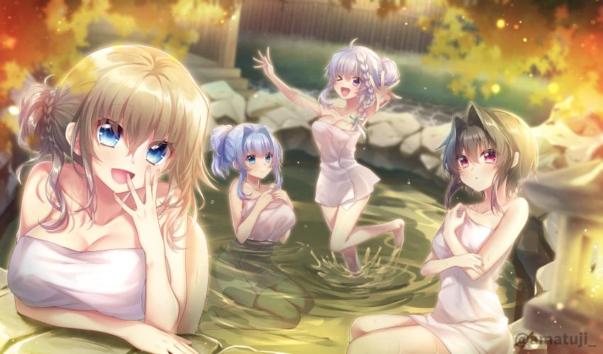 &gt;_o 4girls 9-nine- :d ;d absurdres ahoge alternate_hairstyle amatsuji arm_support arm_under_breasts bare_arms bare_legs bare_shoulders barefoot bent_over black_hair blue_eyes blue_hair blurry blush bow braid breasts bright_pupils c: cleavage closed_mouth collarbone commentary_request curvy depth_of_field eyelashes eyes_visible_through_hair feet_out_of_frame full_body green_bow hair_between_eyes hair_bow hair_bun hair_intakes hand_up hands_up happy highres kousaka_haruka kujou_miyako large_breasts light_brown_hair long_hair looking_at_viewer multiple_girls naked_towel niimi_sora one_eye_closed onsen open_mouth outdoors outstretched_arms outstretched_hand parted_lips ponytail purple_eyes red_eyes ripples shiny_skin short_hair_with_long_locks sidelocks single_braid single_hair_bun sitting smile splashing standing standing_on_one_leg towel twitter_username v-shaped_eyebrows wariza water wet white_towel yuuki_noa