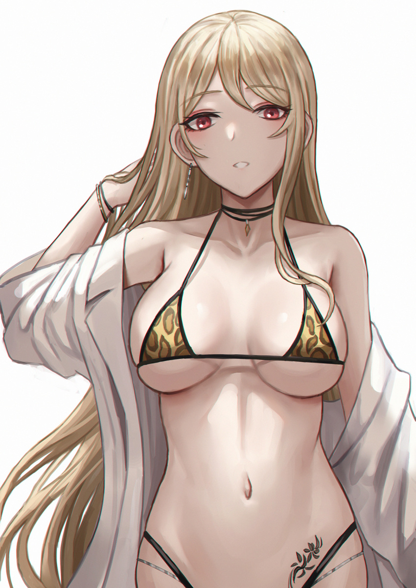 1girl animal_print bare_shoulders bikini blonde_hair breasts cleavage collarbone hand_up highres kitagawa_marin large_breasts leopard_print long_hair long_sleeves looking_at_viewer navel off_shoulder parted_lips red_eyes selcky simple_background solo sono_bisque_doll_wa_koi_wo_suru stomach swimsuit underboob white_background
