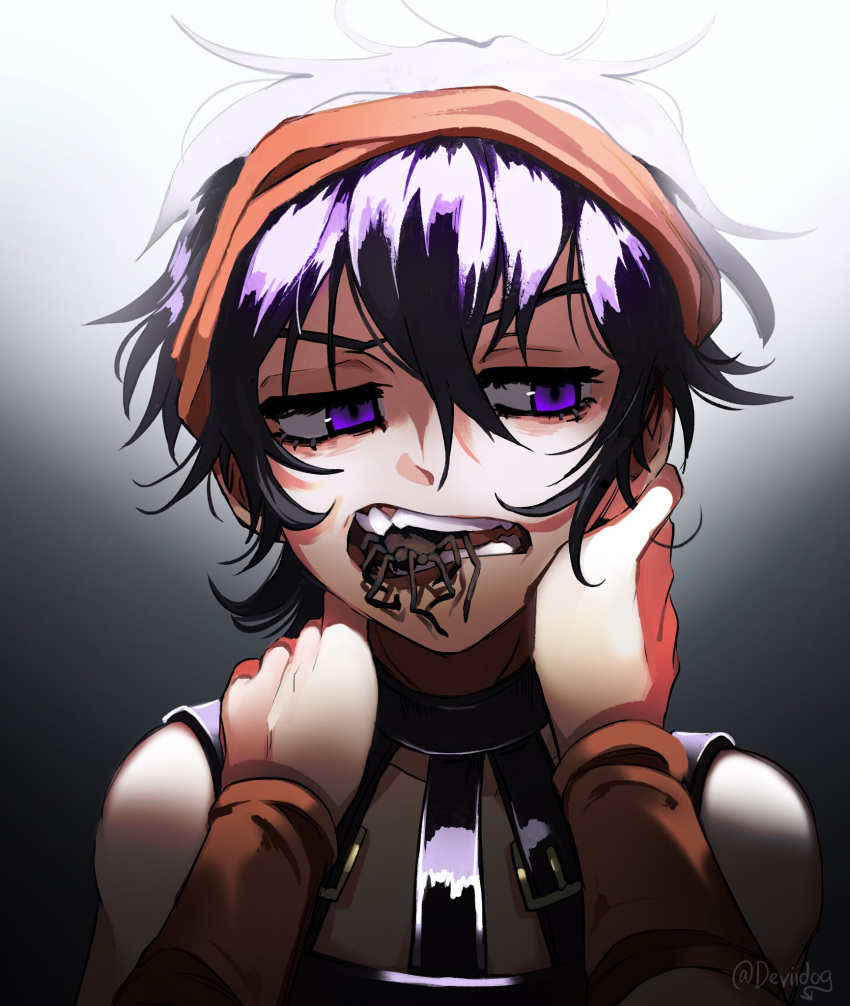 1boy animal_in_mouth black_background black_hair black_tank_top bug deviidog0 english_commentary gradient_background hairband hands_on_own_neck hands_up highres jojo_no_kimyou_na_bouken male_focus mouth_hold narancia_ghirga open_mouth orange_hairband purple_eyes purple_hair short_hair solo spider tank_top upper_body vento_aureo white_background