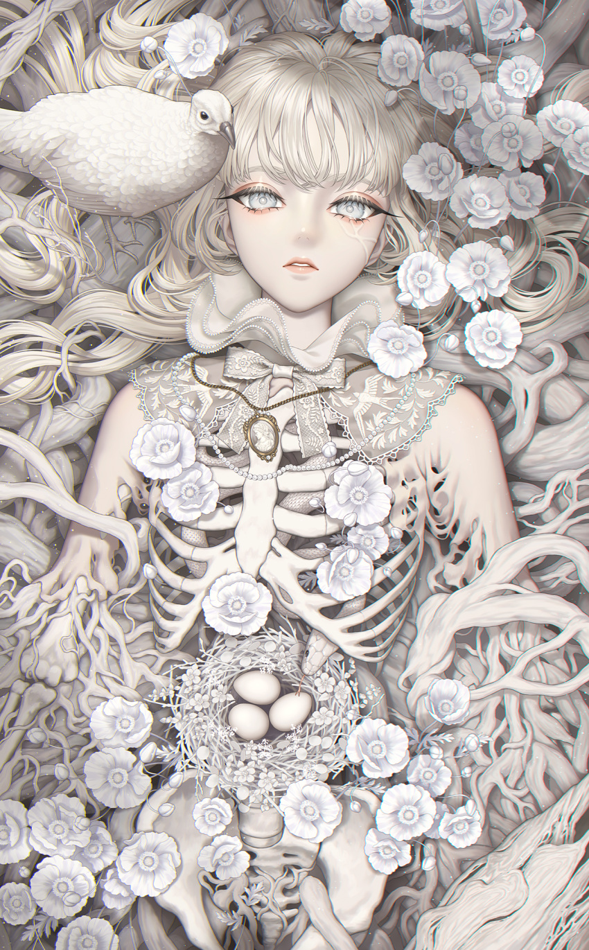 1girl animal bird bird_nest bird_request blonde_hair body_horror bone bow commentary_request egg flower grey_eyes highres jewelry long_hair looking_at_viewer lying minami_(minami373916) necklace nest on_back original pale_skin parted_lips pearl_necklace pendant roots skeleton snake solo white_bird white_flower white_snake white_theme