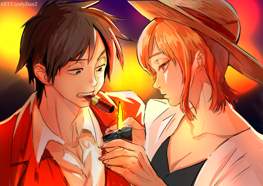 1boy 1girl absurdres black_eyes black_hair borrowed_clothes breasts cigar cleavage collared_shirt commentary_request couple fire hat hetero highres holding holding_lighter jacket lighter lighting_cigar lips long_sleeves looking_at_another mixed-language_commentary monkey_d._luffy nami_(one_piece) one_piece orange_eyes orange_hair red_jacket rita_ya scar scar_on_cheek scar_on_face shirt short_hair straw_hat suit teeth white_jacket white_shirt