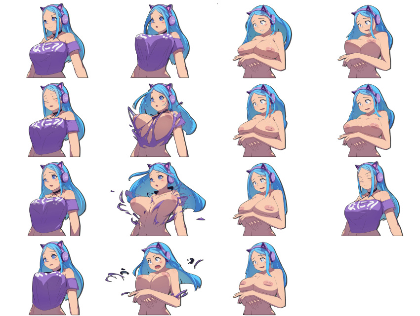 1girl absurdres animal_ear_headphones animal_ears bare_shoulders blue_eyes blue_hair blush bra breasts breasts_squeezed_together cat_ear_headphones cleavage embarrassed exploding_clothes fake_animal_ears headphones highres inverted_nipples large_breasts long_hair nani navel non-web_source open_mouth purple_shirt shirt simple_background smile solo underwear vst