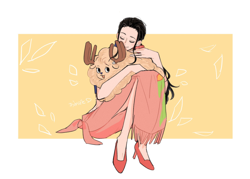 0goodiiy 1boy 1girl alternate_form antlers black_hair closed_eyes high_heel highres horns hug long_hair one_piece pink_sarong reindeer_antlers sidelocks sitting smile tony_tony_chopper