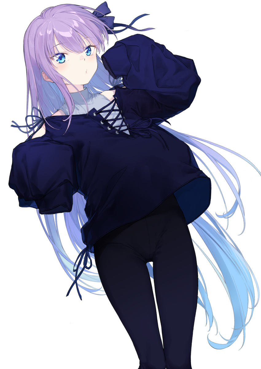 1girl black_pants blue_eyes blue_ribbon blue_sweater blush breasts coffeekite cross-laced_clothes fate/extra fate/extra_ccc fate/grand_order fate_(series) grey_shirt hair_ribbon highres long_hair long_sleeves looking_at_viewer meltryllis_(fate) off_shoulder pants purple_hair ribbon shirt sleeveless sleeveless_shirt sleeves_past_fingers sleeves_past_wrists small_breasts sweater thighs very_long_hair yoga_pants