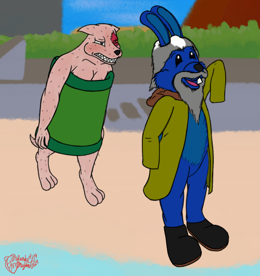 anthro barrel beach beard black_clothing black_footwear black_shoes blue_body blue_fur blush broadside_beach buckteeth canid canine canis chief_wulf clothing coat duo embarrassed eye_scar facial_hair facial_scar fake_beard footwear fur gesture grey_beard grey_facial_hair grey_hair hair hairless hi_res lagomorph lendri_mujina leporid long_sleeves male mammal pink_body pink_skin rabbit scar sheared shipwrecked_64 smile striped_hair stumbler_o'hare teeth topwear waving wearing_a_barrel wig wolf