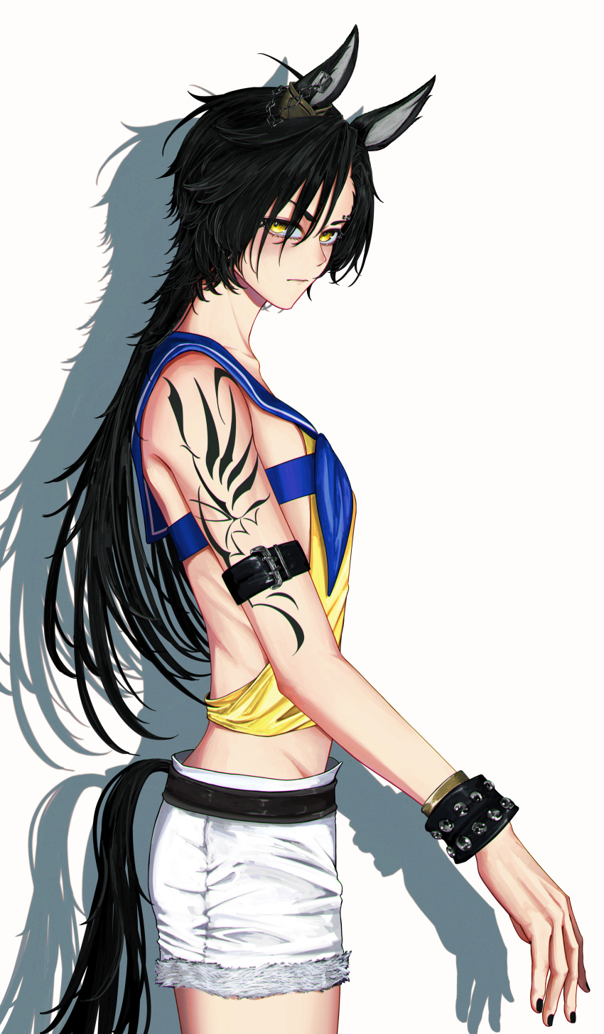 1girl absurdres aile_0315 air_shakur_(umamusume) animal_ears arm_strap arm_tattoo bare_shoulders belt black_belt black_hair black_nails blue_neckerchief blue_sailor_collar bracelet closed_mouth commentary_request cowboy_shot cutoffs ear_ornament ear_piercing eyebrow_piercing flat_chest from_side highres horse_ears horse_girl jewelry long_hair looking_at_viewer navel neckerchief no_jacket piercing sailor_collar shadow shorts simple_background solo tattoo umamusume white_background white_shorts yellow_eyes