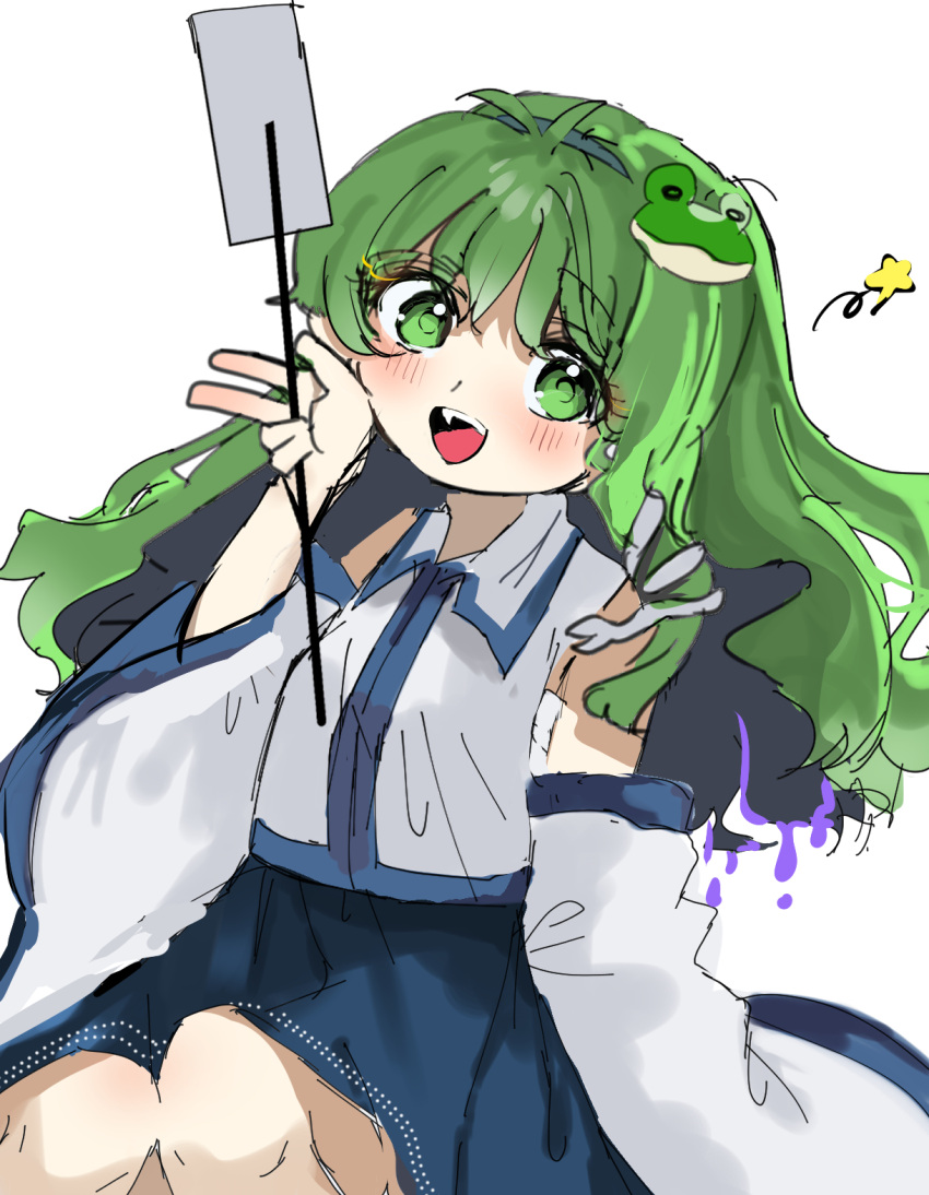 1girl blue_skirt detached_sleeves frog frog_hair_ornament gohei green_eyes green_hair hair_ornament hair_tubes highres kochiya_sanae long_hair nontraditional_miko open_mouth ramochi skirt snake snake_hair_ornament star_(symbol) teeth touhou upper_teeth_only white_background wide_sleeves