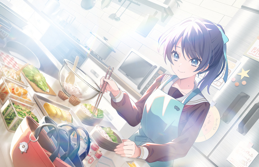 1girl animal_charm apron baking_sheet beans bento bird blue_bag blue_eyes blue_hair blue_ribbon brown_dress calendar_(object) chopsticks closed_mouth cooking_pot cutting_board dark_blue_hair dress dutch_angle food food_request fruit frying_pan game_cg green_apron hair_ribbon handkerchief hasu_no_sora_school_uniform high_ponytail highres holding holding_chopsticks kitchen lens_flare lettuce link!_like!_love_live! long_hair long_sleeves looking_at_object love_live! magnet microwave mixing_bowl mole mole_on_neck murano_sayaka neckerchief official_alternate_hairstyle official_art omelet orange_(fruit) paper penguin pepper_shaker red_bag red_neckerchief refrigerator refrigerator_magnet ribbon rice sailor_collar sailor_dress salmon salt_shaker school_uniform sink smile solo soup_ladle spatula stove tamagoyaki third-party_source virtual_youtuber white_sailor_collar winter_uniform