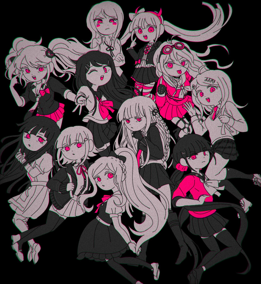 6+girls :o ahoge akamatsu_kaede antenna_hair apron arm_belt backpack bad_id bad_twitter_id bag bandaged_arm bandages barbed_wire bear_hair_ornament belt black_background blazer blunt_bangs blush_stickers boots bow bowtie bracelet braid breasts choko_(cup) chromatic_aberration cleavage closed_mouth collared_jacket collared_shirt commentary cross-laced_clothes cross-laced_footwear cross-laced_top crossed_arms crown_braid cup danganronpa:_trigger_happy_havoc danganronpa_(series) danganronpa_2:_goodbye_despair danganronpa_another_episode:_ultra_despair_girls danganronpa_v3:_killing_harmony enoshima_junko expressionless eyelashes fingerless_gloves floating_hair frilled_skirt frills full_body furrowed_brow galaga gloves goggles goggles_on_head greyscale hair_bow hair_ornament hair_ribbon hair_scrunchie hairband hairclip hand_on_own_chin harukawa_maki high_heel_boots high_heels highres holding_another's_wrist hood hood_down hooded_jacket horn_bow horn_hairband horn_ornament horns ikusaba_mukuro iruma_miu jacket jewelry kirari_(kirari_hn01) kirigiri_kyoko knee_boots kneehighs light_frown long_hair looking_at_viewer low_twintails maizono_sayaka mary_janes middle_finger miniskirt monochrome multiple_belts multiple_girls musical_note musical_note_hair_ornament nanami_chiaki neck_ribbon necktie no_symbol o-ring o-ring_belt one_eye_closed open_clothes open_jacket open_mouth outstretched_hand own_hands_together parted_lips pink-framed_eyewear pink_bow pink_bowtie pink_eyes pink_hairband pink_necktie pink_ribbon pink_scrunchie pink_serafuku pink_shirt pink_skirt pink_thighhighs plaid plaid_skirt pleated_skirt puffy_short_sleeves puffy_sleeves ribbon round_eyewear sailor_collar school_uniform scrunchie serafuku shirt shoes short_hair short_sleeves simple_background skirt skirt_set smile socks sonia_nevermind spot_color straight_hair striped_clothes striped_thighhighs studded_gloves symbol-only_commentary teeth thigh_belt thigh_strap thighhighs tongue tsumiki_mikan twintails two-tone_necktie two-tone_thighhighs upper_teeth_only utsugi_kotoko v veins veiny_arms very_long_hair vest