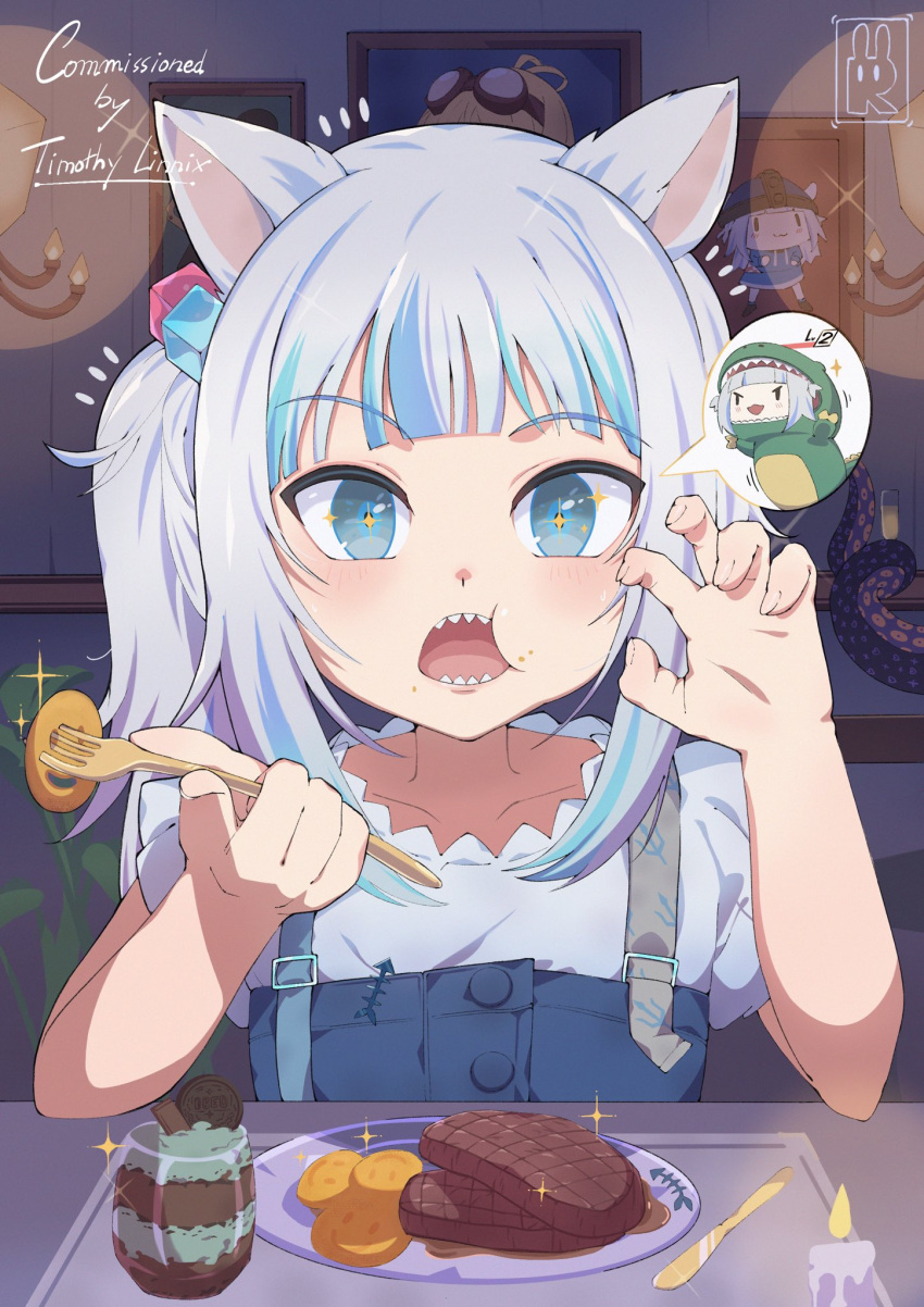 1girl animal_ears blue_eyes blue_hair blue_overalls candle carrot cat_ears crumbs eating food food_in_mouth food_on_face fork gawr_gura gawr_gura_(casual) highres holding holding_fork hololive hololive_english ice_cream indoors kaela_kovalskia kemonomimi_mode knife looking_at_viewer mint_chocolate multicolored_hair official_alternate_costume open_mouth oreo overalls plate rarumi9 restaurant sharp_teeth short_sleeves sitting smol_gura solo steak teeth upper_body virtual_youtuber white_hair