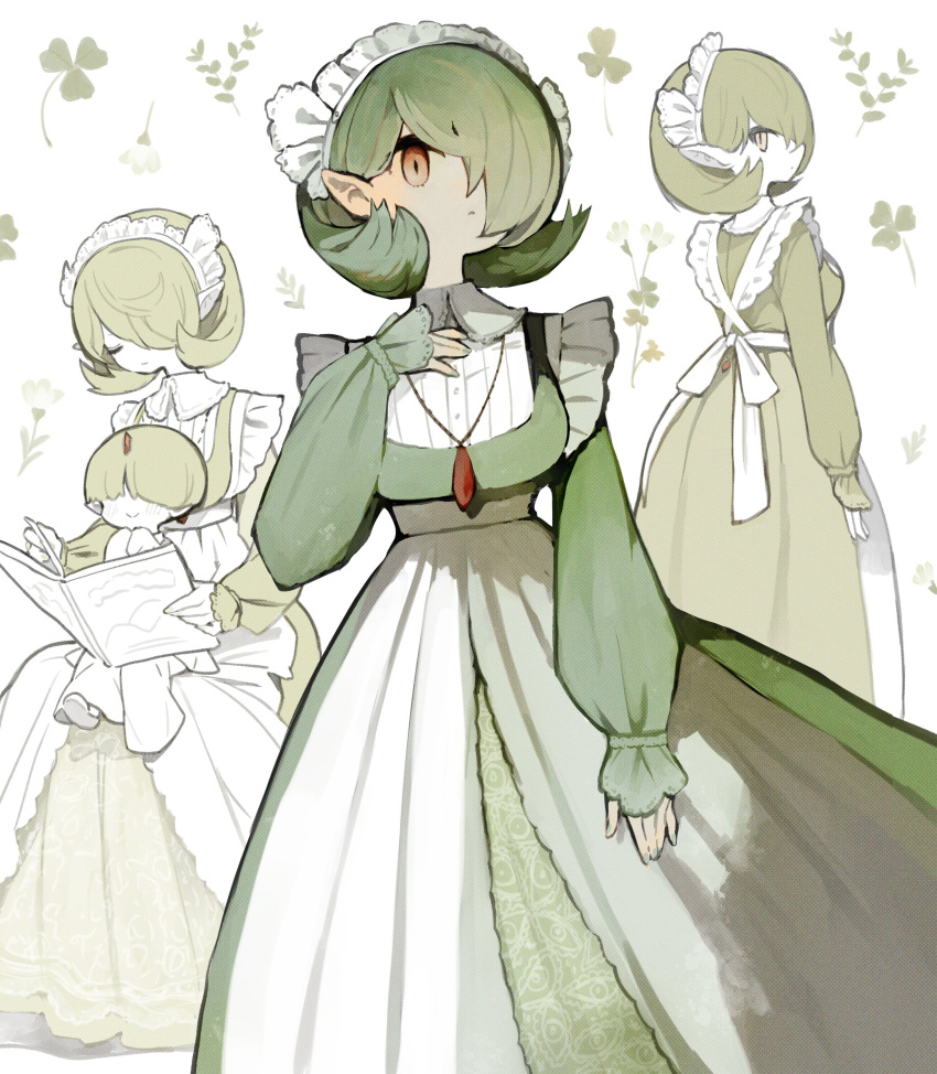 2girls absurdres alternate_costume book breasts collared_dress dress enmaided gardevoir green_dress green_hair hair_over_one_eye hand_up highres holding holding_book jewelry large_breasts long_dress long_sleeves maid maid_headdress multiple_girls multiple_views necklace open_book personification pointy_ears pokemon ralts sakutake_(ue3sayu) short_hair sitting sitting_on_lap sitting_on_person smile solo_focus