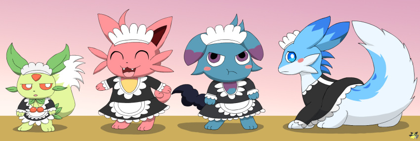 annoyed blue_body blue_fur blush cattiva chillet clothing depresso embarrassed female feral fur green_body green_fur group happy hi_res lifmunk maid_headdress maid_uniform pal_(species) palworld pichu90 pink_body pink_fur pocketpair uniform