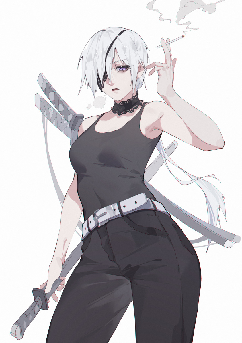 1girl absurdres armpit_peek bare_arms bare_shoulders belt black_pants black_shirt breasts chainsaw_man choker cigarette cowboy_shot eyepatch frilled_choker frills hair_over_one_eye hand_up highres holding holding_cigarette holding_sword holding_weapon long_hair looking_at_viewer looking_down low_ponytail medium_breasts multiple_swords one_eye_covered open_mouth pants pugongying purple_eyes quanxi_(chainsaw_man) sheath sheathed shirt sleeveless sleeveless_shirt smoke smoke_trail smoking solo sword weapon weapon_on_back white_belt white_hair