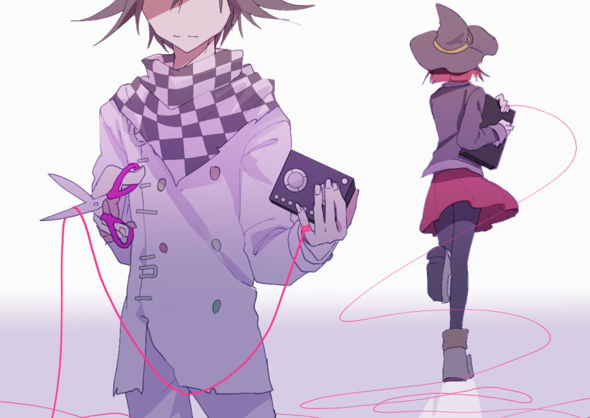 1boy 1girl arm_belt belt black_hat black_jacket black_pantyhose black_scarf black_sleeves blazer blunt_ends boots brown_footwear buttons cassette_player checkered_clothes checkered_scarf closed_mouth commentary_request cowboy_shot danganronpa_(series) danganronpa_v3:_killing_harmony double-breasted fingernails from_behind full_body hair_between_eyes hat hat_belt holding holding_scissors holding_tablet_pc jacket layered_sleeves long_sleeves miniskirt multicolored_buttons nagichiro oma_kokichi pantyhose pleated_skirt pointy_footwear purple_hair red_hair red_skirt running scarf scissors shadow short_hair simple_background skirt string string_around_finger string_of_fate tablet_pc torn_clothes torn_jacket two-tone_scarf white_background white_belt white_jacket white_scarf white_sleeves witch_hat yellow_belt yumeno_himiko