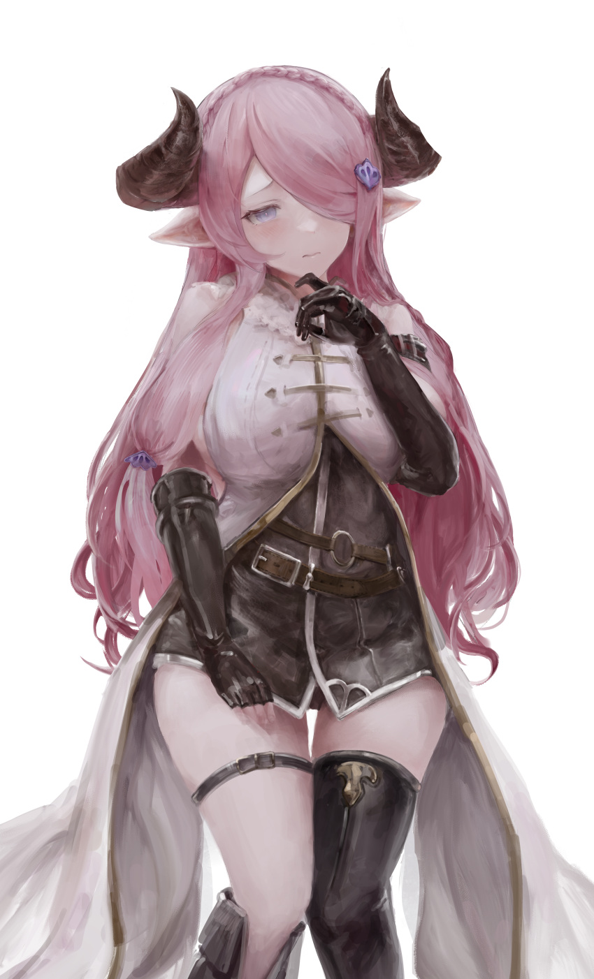 1girl absurdres asymmetrical_footwear asymmetrical_gloves black_footwear black_gloves black_shirt blue_eyes boots braid breasts coat commentary crown_braid draph elbow_gloves english_commentary ernest_(user_yxnx5882) finger_to_own_chin fingerless_gloves gloves granblue_fantasy hair_over_one_eye highres knee_boots knees_together_feet_apart large_breasts long_coat long_hair looking_at_viewer narmaya_(granblue_fantasy) pink_hair pointy_ears shirt single_fingerless_glove single_knee_boot single_thighhigh solo thigh_strap thighhighs uneven_footwear uneven_gloves white_background white_coat