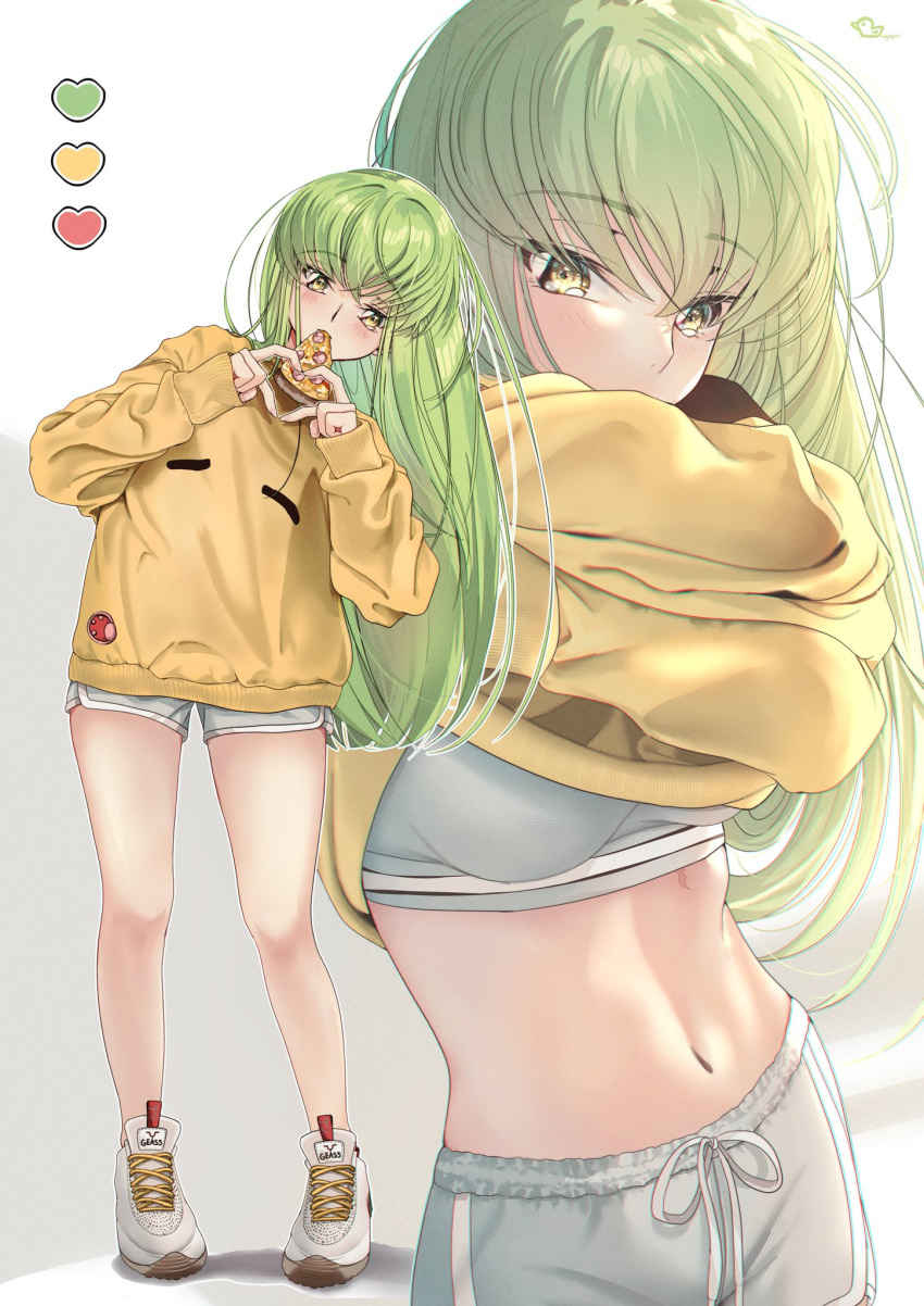 1girl budgiepon c.c. code_geass commentary_request cowboy_shot dolphin_shorts food full_body grey_shorts grey_sports_bra heart heart_hands highres leaning_to_the_side looking_at_viewer mouth_hold multiple_views pizza shoes shorts simple_background sneakers sports_bra sweater undressing white_background white_footwear yellow_sweater