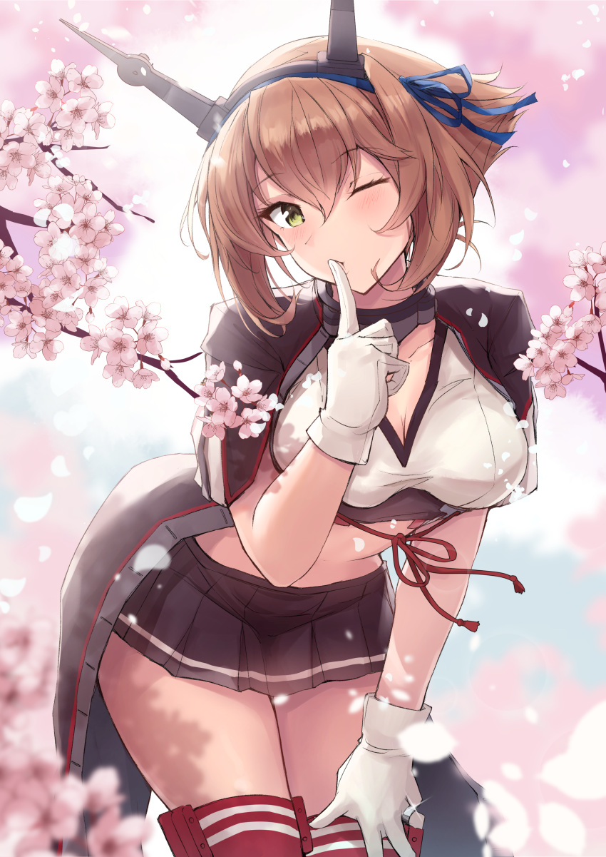 1girl absurdres black_skirt blush breasts brown_hair capelet cherry_blossoms cleavage collar crescent crescent_pin day flipped_hair gloves green_eyes hairband headgear highres k_jie kantai_collection large_breasts looking_at_viewer metal_collar midriff mutsu_(kancolle) mutsu_kai_ni_(kancolle) one_eye_closed outdoors petals pleated_skirt radio_antenna red_thighhighs sakuramon short_hair skirt smile solo striped_clothes striped_skirt thighhighs white_gloves