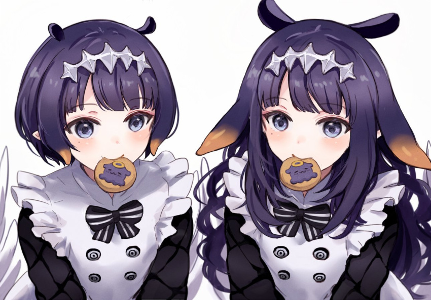 2girls blush character_cookie cookie dual_persona food food_in_mouth hair_ornament hololive hololive_english long_hair long_sleeves mole mole_under_eye multiple_girls ninomae_ina'nis ninomae_ina'nis_(6th_costume) pointy_ears purple_eyes purple_hair short_hair simple_background takodachi_(ninomae_ina'nis) tentacle_hair upper_body virtual_youtuber white_background yuuyu_(777)