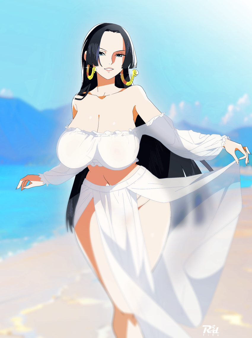 1girl absurdres beach black_hair blue_eyes boa_hancock breasts day earrings highres huge_breasts jewelry long_hair midriff ocean one_piece outdoors r3dfive sand skirt snake_earrings solo white_skirt