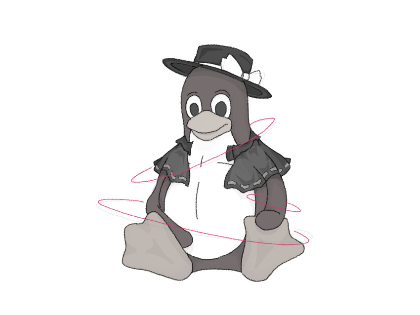 2023 4:3 aeki-yi ambiguous_gender avian beak belly big_belly bird black_body black_clothing black_eyes clothing digital_media_(artwork) drape feet hand_on_belly hand_on_foot hi_res hidden_text koishi_komeiji linux monochrome mouth_closed penguin pupils simple_background touhou tux_(linux) white_background white_belly white_ribbon