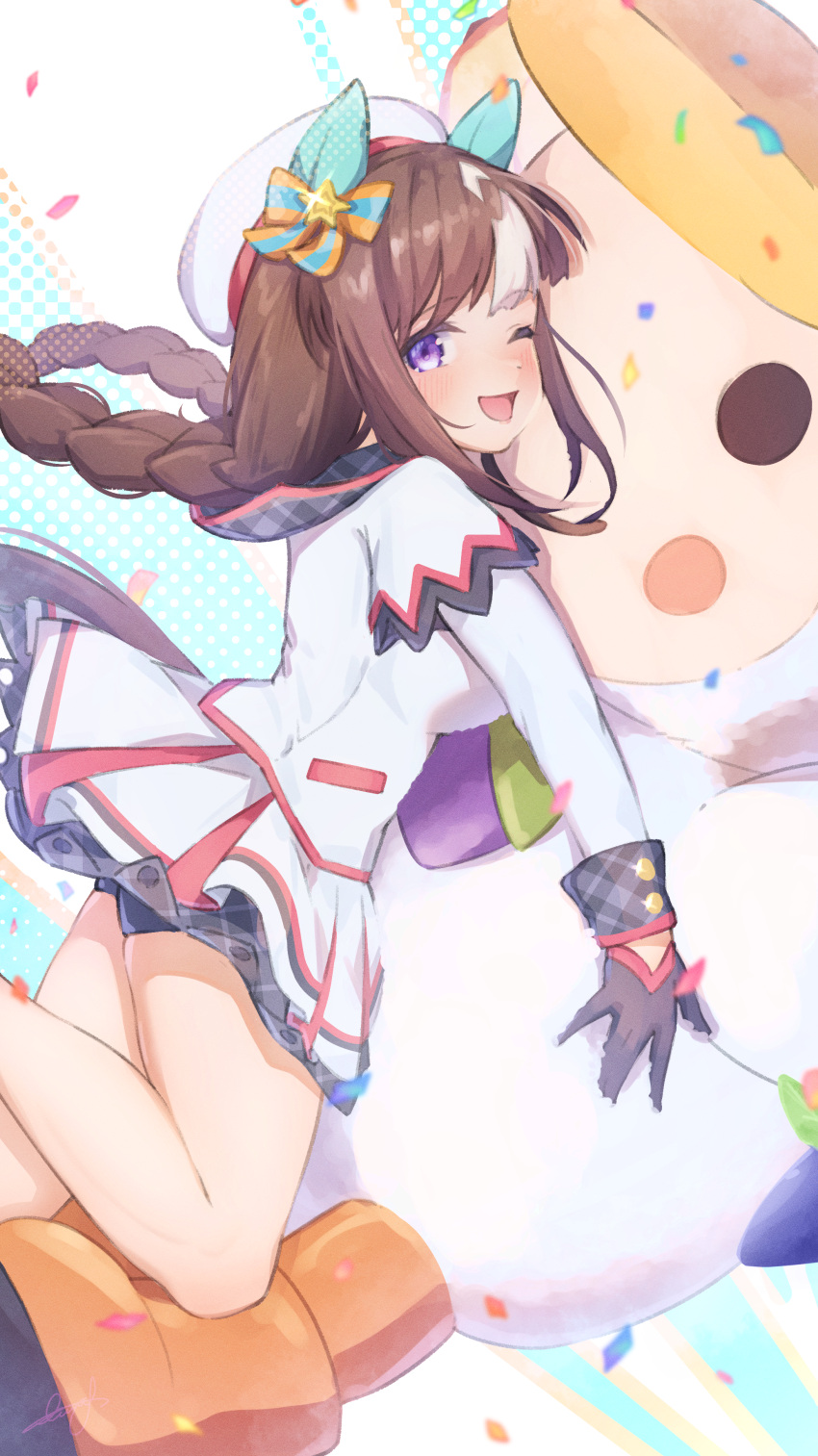 1girl absurdres animal_ears asymmetrical_gloves beautifulinsnow black_gloves blush bow breasts brown_hair commentary_request confetti cowboy_shot ear_bow ear_covers gloves highres hokko_tarumae_(umamusume) horse_ears horse_girl horse_tail jacket large_breasts long_hair mismatched_gloves multicolored_hair notice_lines one_eye_closed open_mouth pleated_skirt purple_eyes simple_background skirt smile solo streaked_hair striped_bow tail tomachop umamusume very_long_hair white_background white_gloves white_hair white_jacket white_skirt