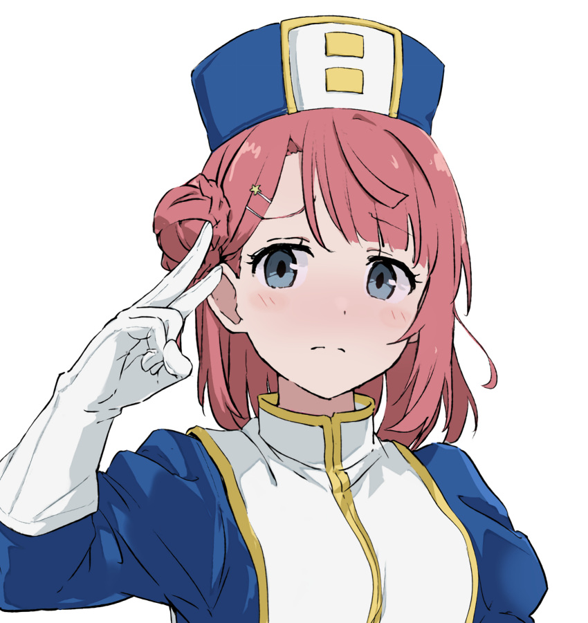 1girl alternate_eye_color blue_eyes blue_hat blue_jacket breasts collared_jacket commentary_request cosplay dot_nose eyes_visible_through_hair frown gloves hair_bun hair_ornament hairclip hand_up hat highres jacket karla_(kono_healer_mendokusai) karla_(kono_healer_mendokusai)_(cosplay) kono_healer_mendokusai light_blush long_sleeves looking_at_viewer love_live! love_live!_nijigasaki_high_school_idol_club medium_breasts oonishi_aguri pink_hair rauto short_hair simple_background solo star_(symbol) star_hair_ornament uehara_ayumu upper_body v voice_actor_connection white_background white_gloves