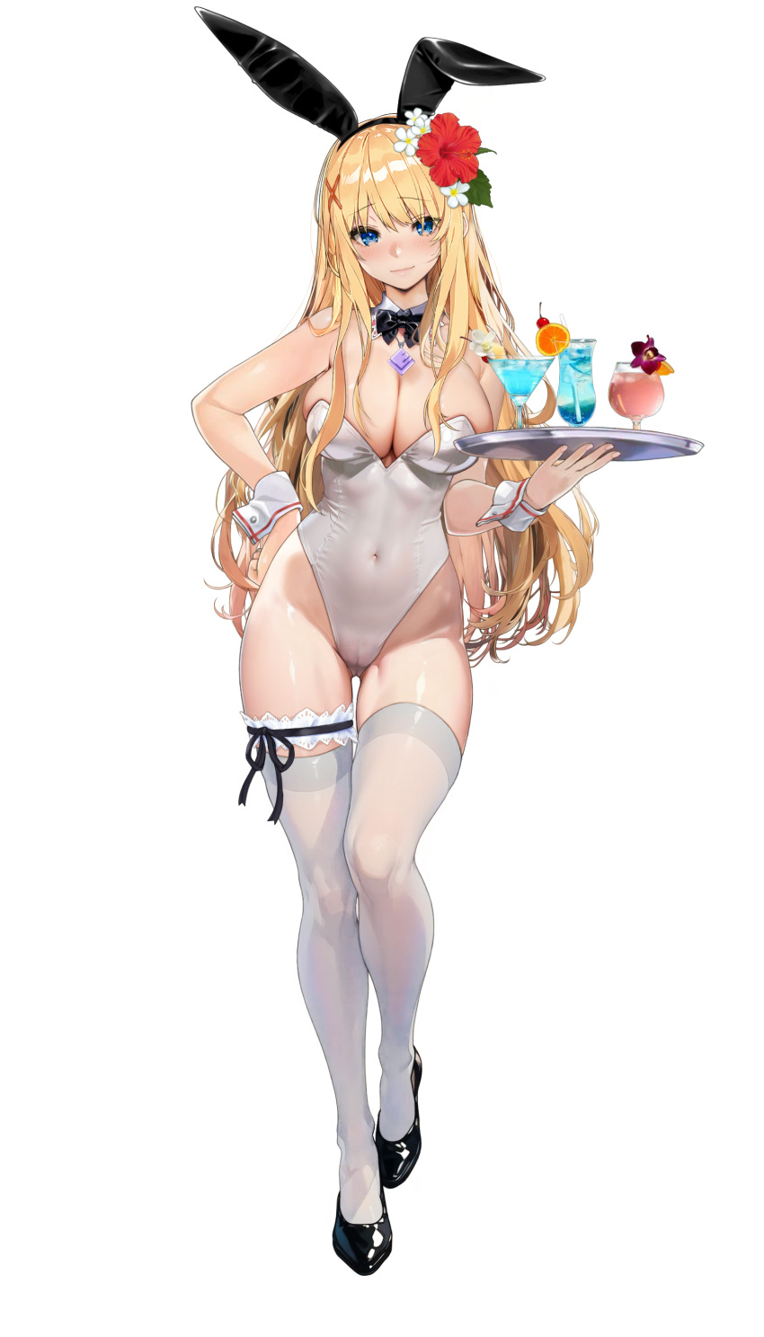 1girl absurdres animal_ears ass_visible_through_thighs ayase_shichikai bare_shoulders black_bow black_bowtie black_footwear blonde_hair blue_eyes blush bow bowtie breasts cameltoe cleavage closed_mouth collar covered_navel cup darkness_(konosuba) detached_collar drinking_glass fake_animal_ears flower full_body hair_flower hair_ornament highleg highleg_leotard highres holding holding_tray jewelry kono_subarashii_sekai_ni_shukufuku_wo! large_breasts leotard long_hair looking_at_viewer necklace playboy_bunny rabbit_ears shoes simple_background solo standing strapless strapless_leotard thigh_strap thighhighs traditional_bowtie tray white_background white_collar white_leotard white_thighhighs white_wrist_cuffs wrist_cuffs x_hair_ornament