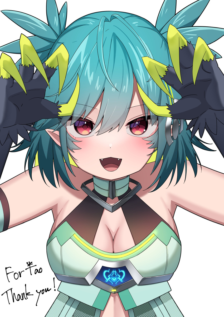 1girl absurdres bare_shoulders black_feathers blue_hair blush breasts claws cleavage colored_inner_hair commentary_request commission feathers green_hair grgrorrr hair_between_eyes highres indie_virtual_youtuber lincoro medium_breasts monster_girl multicolored_hair official_alternate_costume open_mouth pointy_ears red_eyes short_hair short_twintails skeb_commission solo thank_you twintails virtual_youtuber winged_arms wings