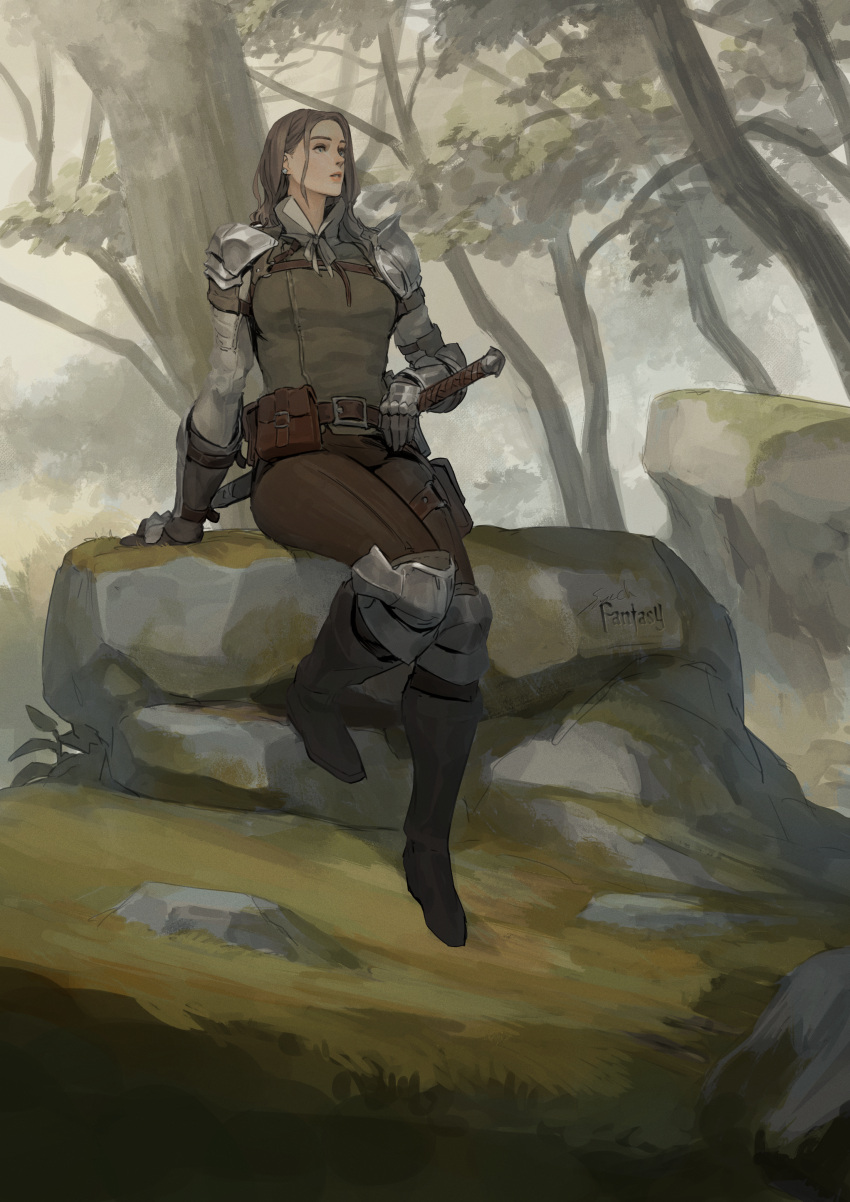 1girl absurdres armor artist_name belt belt_pouch black_footwear brown_hair brown_pants brown_shirt day fantasy full_body gauntlets highres original outdoors pants pouch rock sheath sheathed shirt sitting solo sonech sword weapon