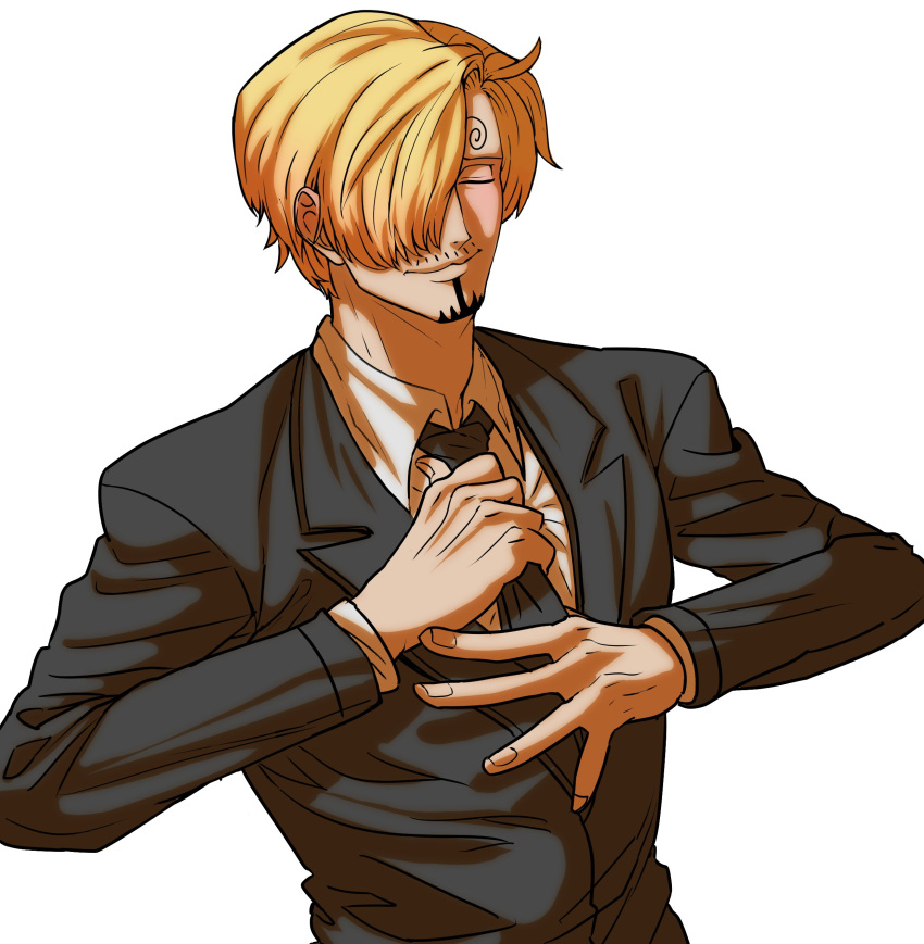 1boy absurdres black_jacket black_necktie blonde_hair blush closed_eyes closed_mouth commentary_request curly_eyebrows facial_hair formal hair_over_one_eye highres jacket long_sleeves male_focus necktie necktie_grab neckwear_grab one_piece rita_ya sanji_(one_piece) shirt short_hair smile solo white_background white_shirt