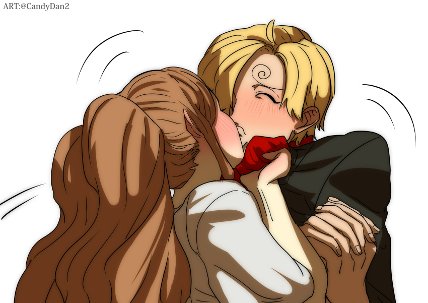 1boy 1girl absurdres back black_jacket blonde_hair blue_eyes blush brown_hair charlotte_pudding closed_eyes clothes_grab collared_shirt dress full-face_blush hair_over_one_eye hetero highres interlocked_fingers jacket kiss long_hair long_sleeves one_piece own_hands_together red_shirt rita_ya sanji_(one_piece) shirt shirt_grab short_hair short_sleeves standing