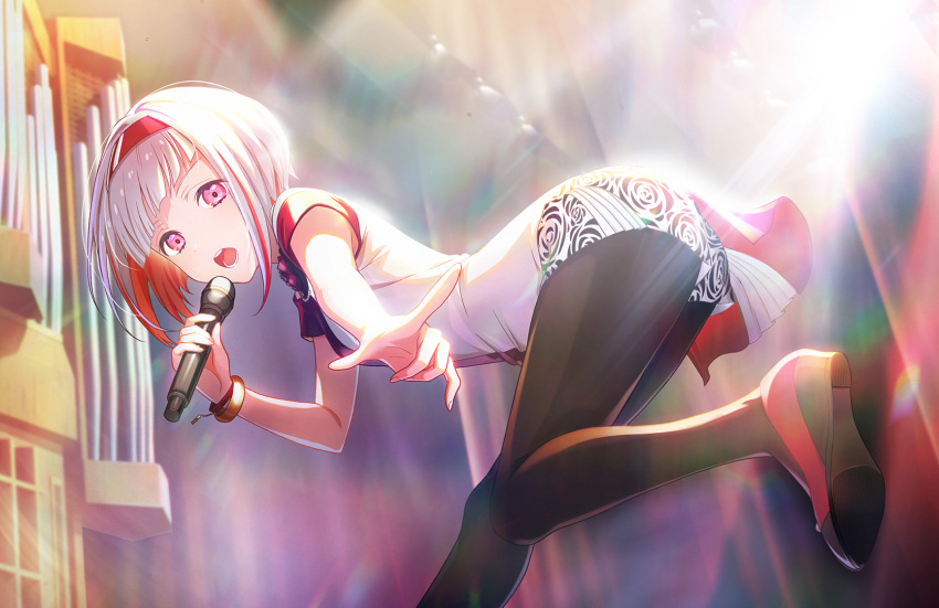 1girl bent_over black_footwear black_pantyhose bob_cut bracelet colored_inner_hair diagonal_bangs flats floral_print floral_print_shorts game_cg grey_hair hairband highres holding holding_microphone index_finger_raised inverted_bob jewelry leg_up lens_flare link!_like!_love_live! looking_at_viewer love_live! microphone multicolored_hair official_alternate_costume official_art open_mouth pantyhose pantyhose_under_shorts pink_eyes pointing print_shorts red_footwear red_hair red_hairband shirt short_hair short_shorts short_sleeves shorts solo stage standing standing_on_one_leg streaked_hair teeth third-party_source two-tone_footwear virtual_youtuber white_shirt yugiri_tsuzuri