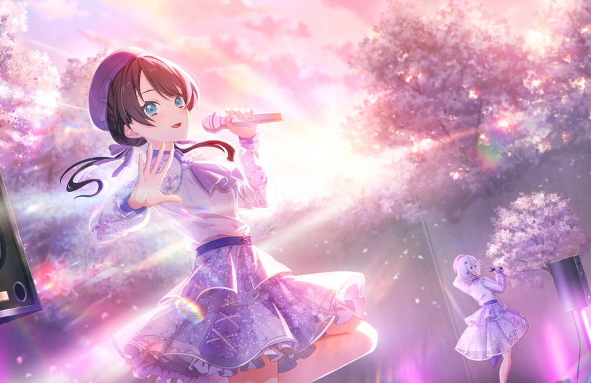 2girls arm_up ascot beret black_hair blue_eyes bob_cut cherry_blossoms collared_shirt diagonal_bangs dress falling_petals floating_hair frilled_skirt frills game_cg grey_hair hair_ornament hair_ribbon hand_up hat highres holding holding_microphone inverted_bob leg_up lens_flare lens_flare_abuse link!_like!_love_live! long_hair long_sleeves looking_at_viewer love_live! low_twintails microphone multicolored_hair multiple_girls murano_sayaka official_art open_hand petals pink_petals pink_sky purple_ascot purple_footwear purple_hat purple_ribbon purple_skirt purple_sleeves red_eyes red_hair ribbon see-through see-through_dress shirt short_hair shunshoku_new_days_(love_live!) skirt sky solo_focus speaker standing standing_on_one_leg streaked_hair sun third-party_source twintails virtual_youtuber white_shirt yugiri_tsuzuri