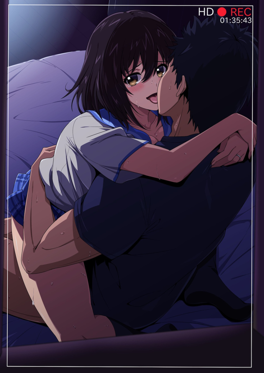 1boy 1girl arms_around_neck arms_around_waist black_hair black_shirt black_socks blue_sailor_collar blue_skirt blush breast_press breasts brown_eyes clothed_sex commentary_request commission french_kiss hair_between_eyes hetero highres himeragi_yukina indoors jewelry kiss kneehighs looking_at_viewer netorare oki_kuro on_bed plaid plaid_skirt recording ring saikai_academy_school_uniform sailor_collar school_uniform serafuku shirt short_hair short_sleeves skeb_commission skirt socks straddling strike_the_blood sweat tongue tongue_out upright_straddle viewfinder wedding_ring white_shirt