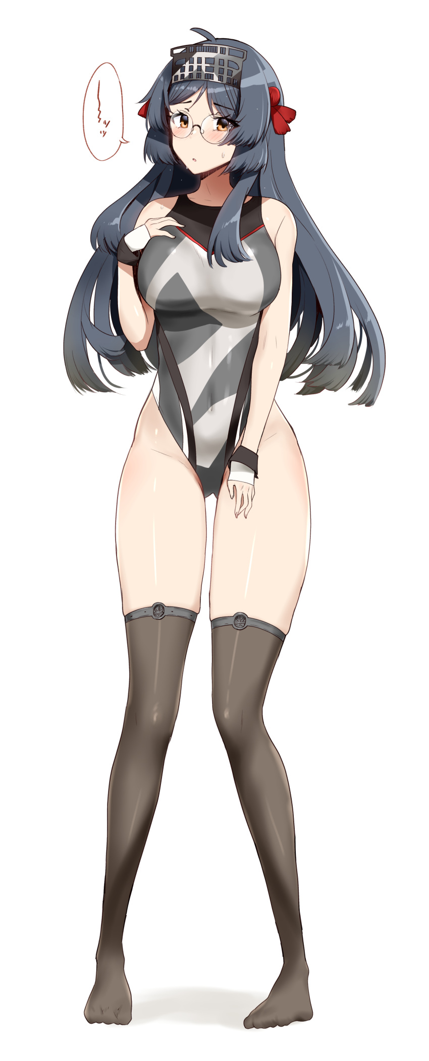 1girl absurdres adapted_costume black_hair black_thighhighs breasts brown_eyes competition_swimsuit full_body glasses grey_one-piece_swimsuit headgear heian_maru_(kancolle) highres kantai_collection large_breasts long_hair looking_at_viewer minase_(takaoka_nanase) multicolored_clothes multicolored_swimsuit one-piece_swimsuit round_eyewear simple_background solo swimsuit thighhighs very_long_hair white_background