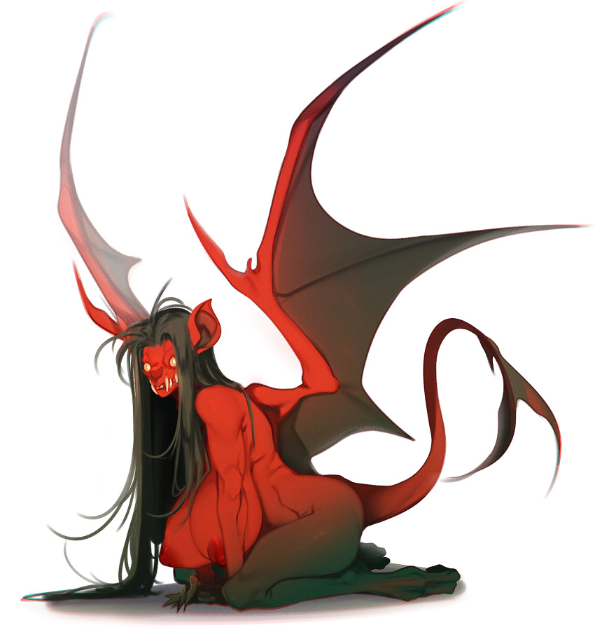 1girl bat_wings black_hair breasts colored_extremities demon demon_tail demon_wings extra_teeth from_side full_body glasgow_smile glowing glowing_eyes highres huge_breasts long_hair monster nipples non-web_source obj_shep original red_skirt simple_background skirt solo straight_hair tail variant_set white_background wings yellow_eyes