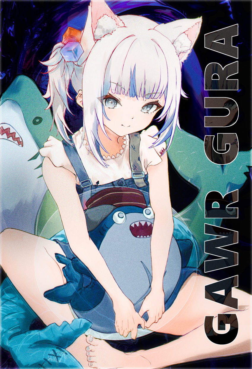 1girl absurdres akiyama_kou barefoot bloop_(gawr_gura) blue_eyes blue_hair blue_skirt blunt_bangs character_name choppy_bangs closed_mouth commentary cube_hair_ornament fang fang_out fins fish_tail frilled_sleeves frills full_body gawr_gura gawr_gura_(casual) grey_hair hair_ornament highres hololive hololive_english looking_at_viewer medium_hair miniskirt multicolored_hair nail_polish official_alternate_costume official_alternate_hairstyle paid_reward_available psd_available shark_tail shirt short_sleeves side_ponytail sidelocks sitting skirt smile solo streaked_hair stuffed_animal stuffed_shark stuffed_toy suspenders symbol-only_commentary tail toenail_polish toenails virtual_youtuber white_shirt