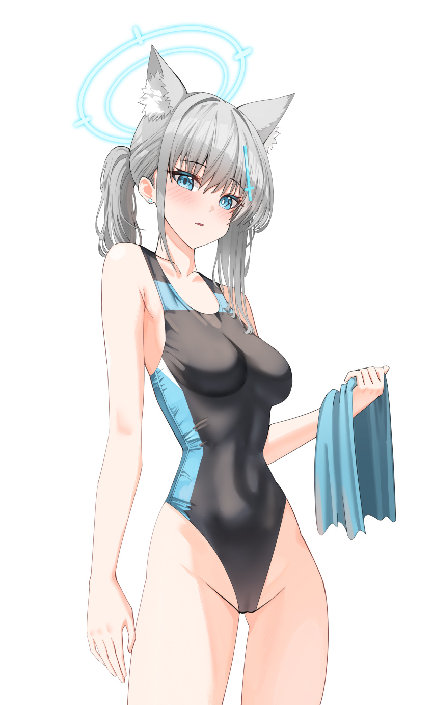 1girl absurdres animal_ear_fluff animal_ears black_one-piece_swimsuit blue_archive blue_eyes blue_towel breasts competition_swimsuit covered_navel cowboy_shot cross_hair_ornament extra_ears grey_hair hair_ornament halo highleg highleg_swimsuit highres low_ponytail medium_breasts medium_hair mismatched_pupils multicolored_clothes multicolored_swimsuit official_alternate_costume one-piece_swimsuit shiroko_(blue_archive) shiroko_(swimsuit)_(blue_archive) simple_background solo standing swimsuit theory_(oortcloud1111) white_background wolf_ears