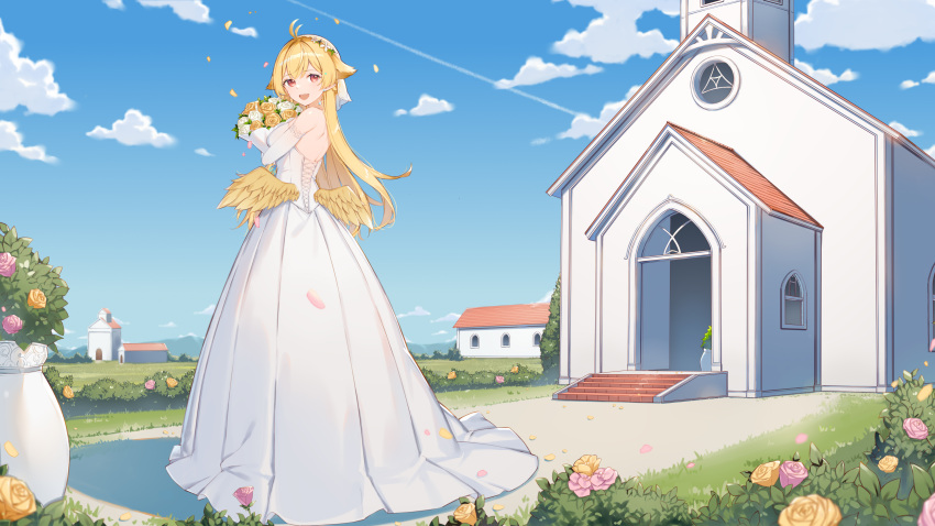 1girl :d absurdres antenna_hair backless_dress backless_outfit bare_shoulders blonde_hair blue_sky bouquet breasts church cloud contrail day dress elbow_gloves feathered_wings flower gloves hair_flaps hair_flower hair_ornament hibiki_(vtuber) highres hugging_object long_hair looking_at_viewer looking_back low_wings medium_breasts meridian_project outdoors petals pink_flower pink_rose pleated_dress red_eyes rikoma rose sky smile solo very_long_hair virtual_youtuber white_dress white_flower white_gloves white_rose wings yellow_flower yellow_rose yellow_wings